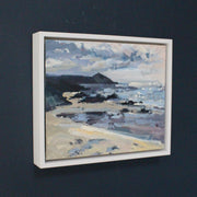framed Jill Hudson painting of a beach and the Rame Head headland in Cornwall , England,