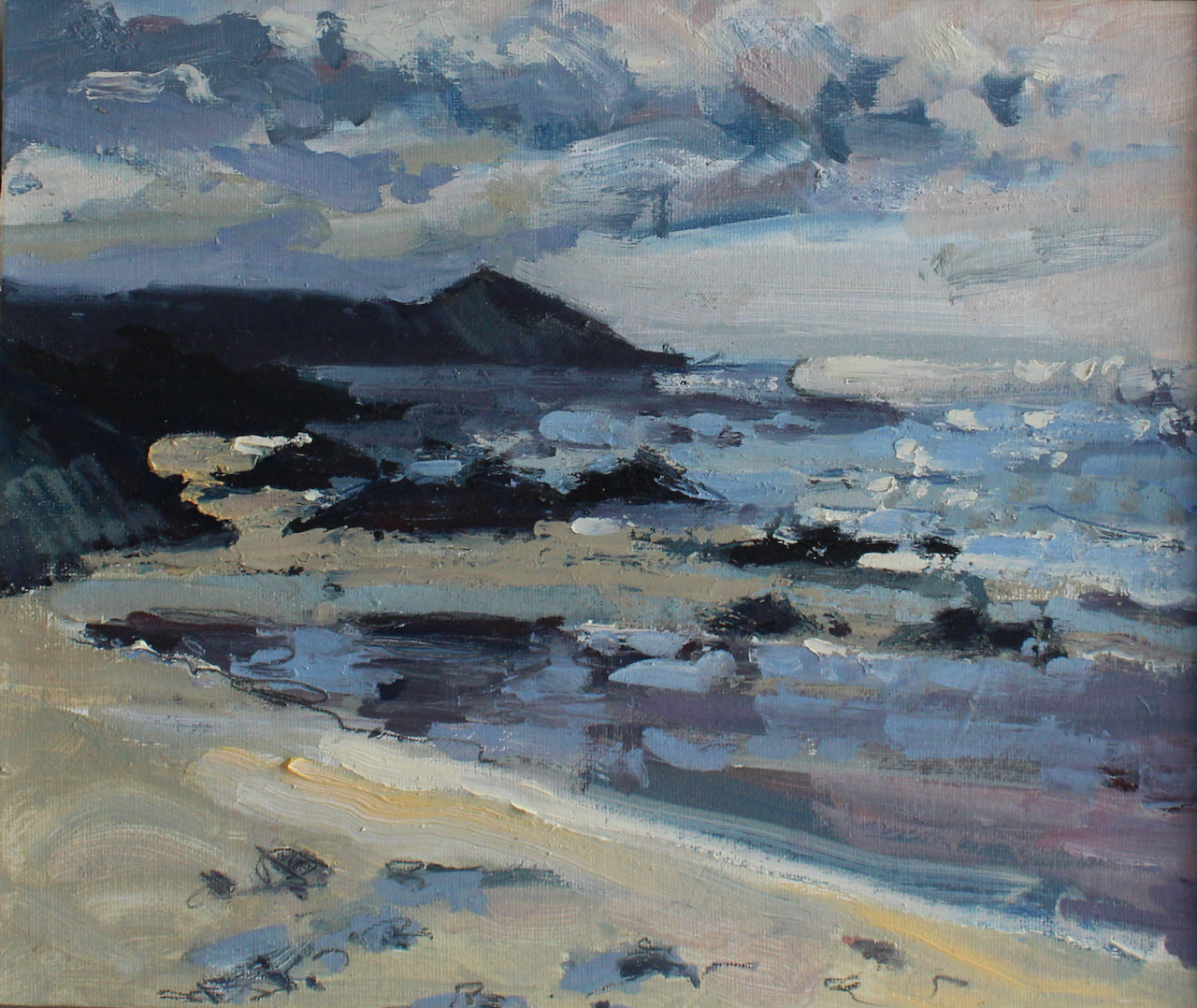 Jill Hudson painting of a beach and the Rame Head headland in Cornwall