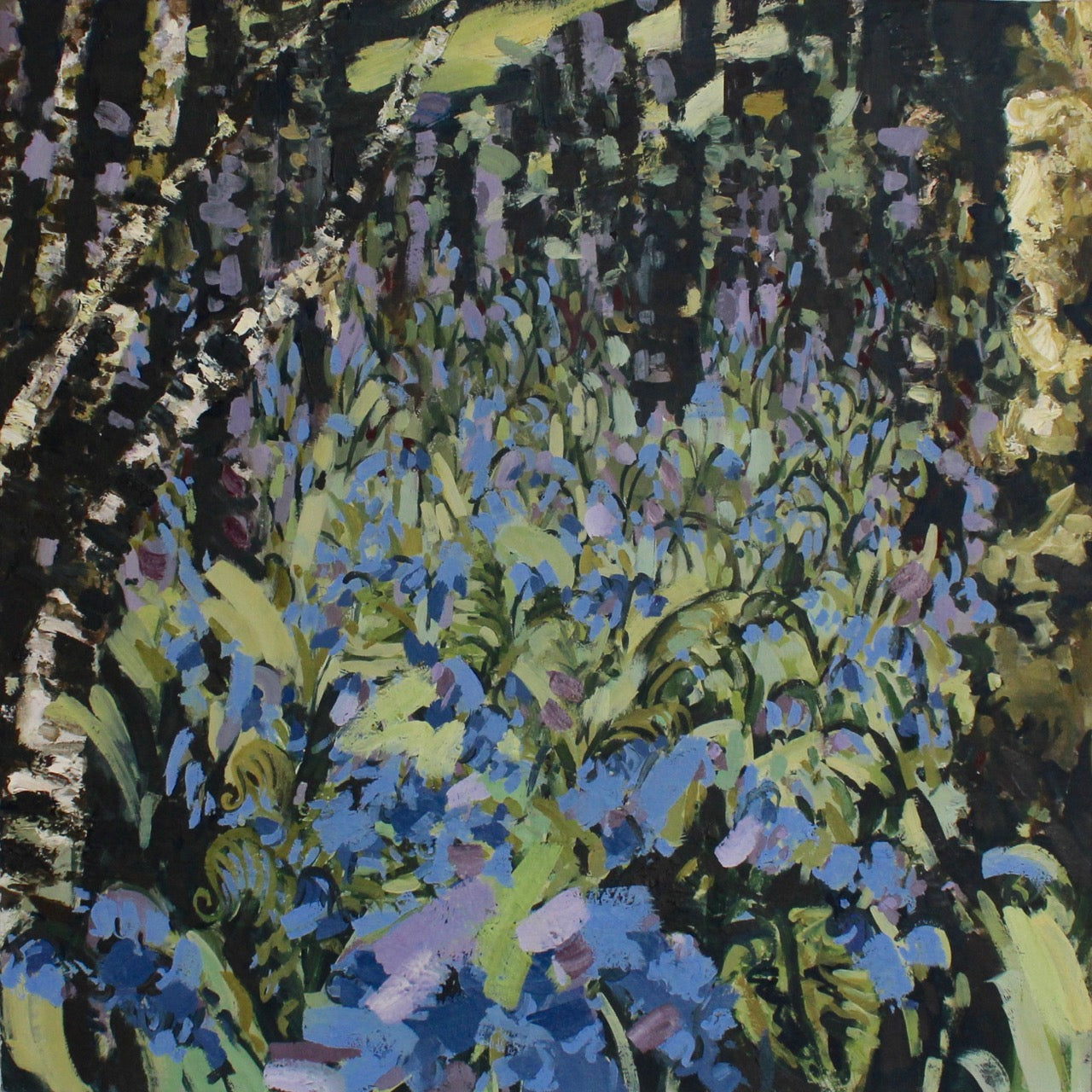 Jill Hudson, 'Bluebell Riot' an abstract painting of purple and blue bluebells in a wood