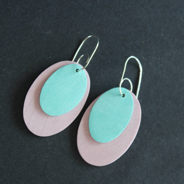 Clare Lloyd drop earrings in duck egg blue and pale pink