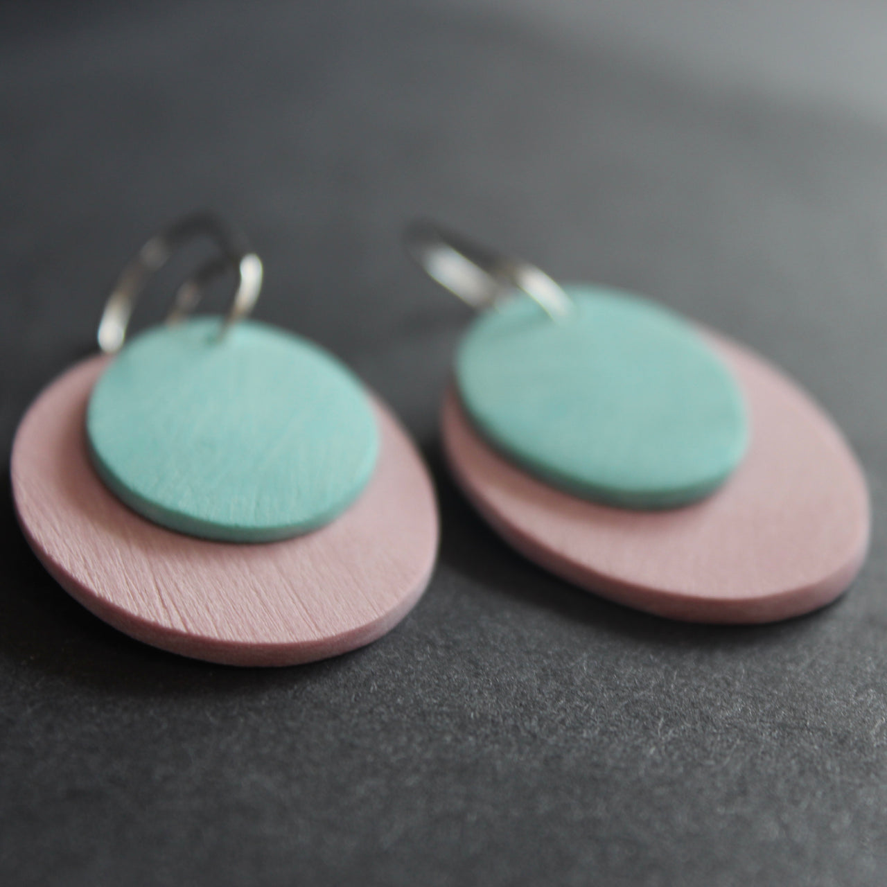 Scratch oval earrings in duck egg and pink by Clare Lloyd