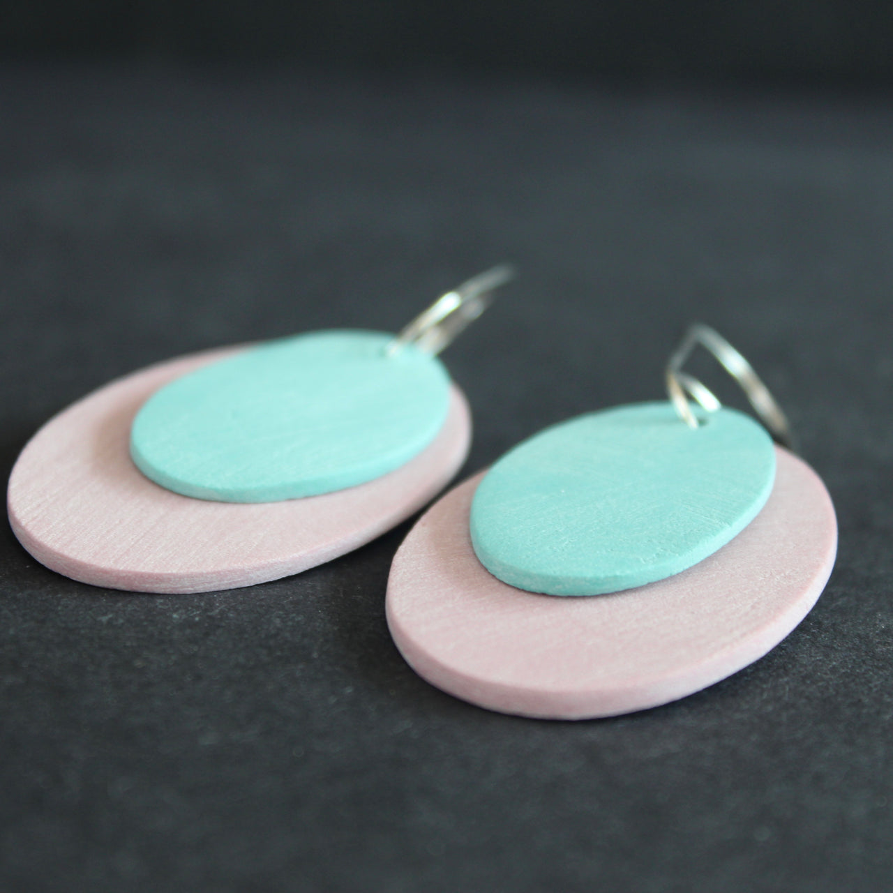Scratch oval earrings in duck egg and pink by Clare Lloyd