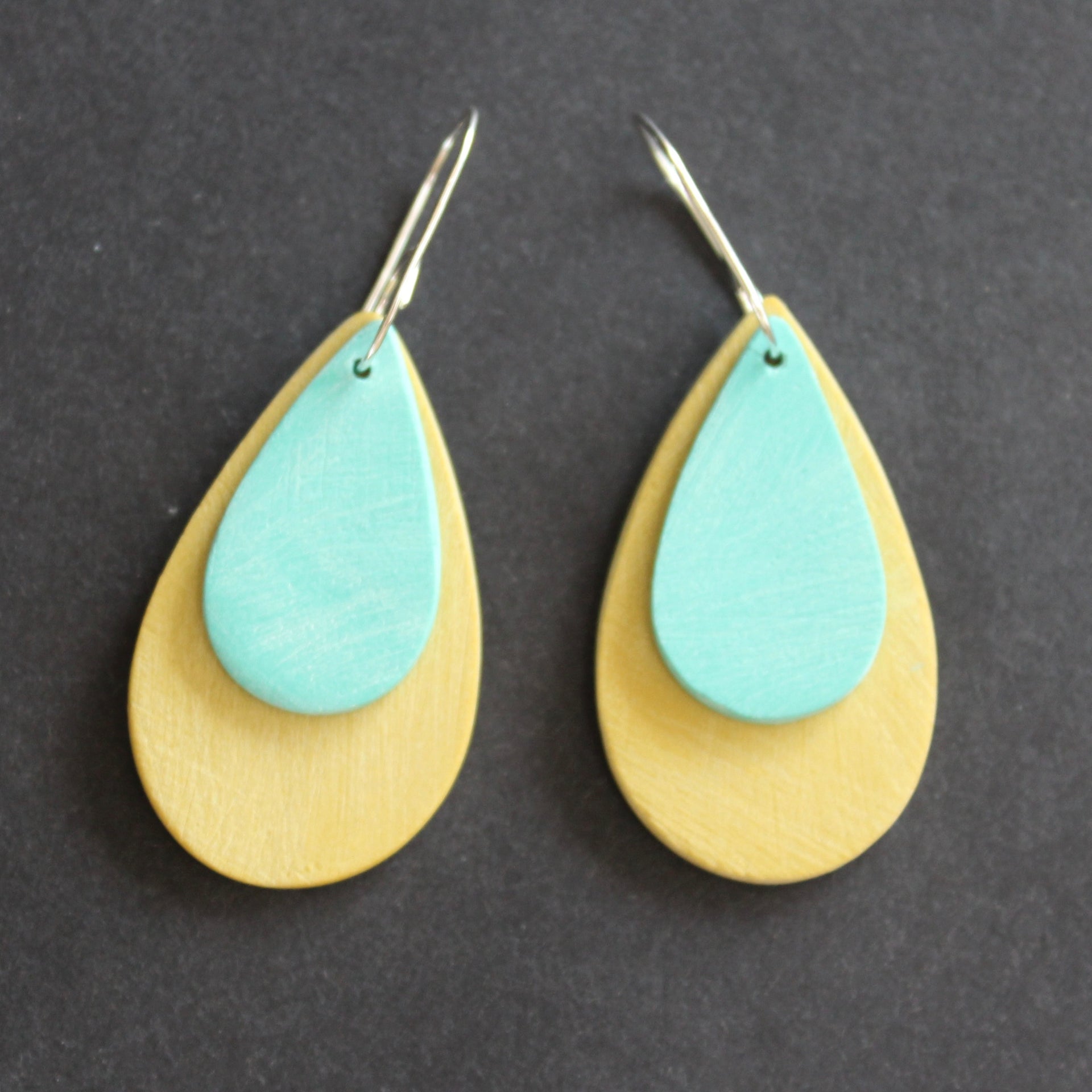 Clare Lloyd drop earrings in duck egg blue and mustard