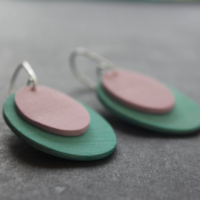 Scratch oval earrings in duck egg and pink by Clare Lloyd