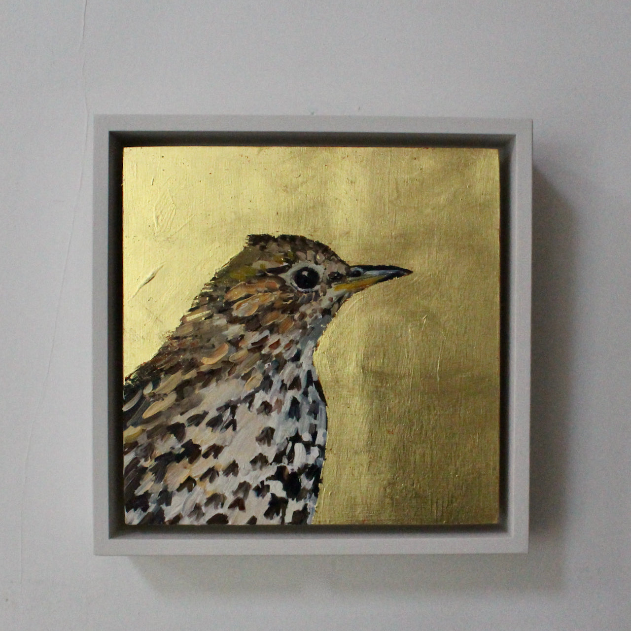 a framed Jill Hudson painting of a thrush bird on  a gold leaf background 