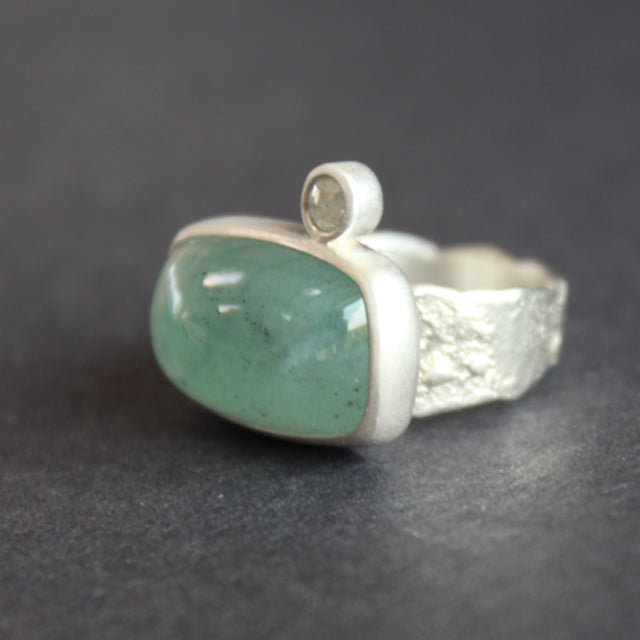 Chalcedony and white diamond ring in sterling silver by Carin Lindberg