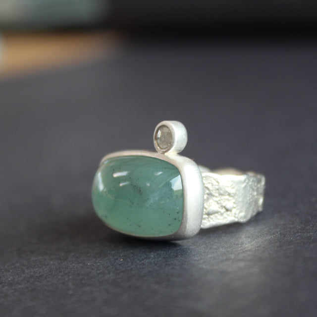 Chalcedony and white diamond ring in sterling silver by Carin Lindberg
