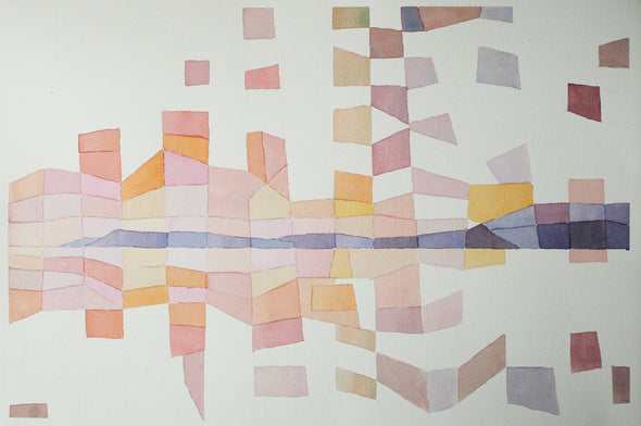 An abstract painting of pink and purple triangles and rectangles by David Muddyman at the Byre Gallery