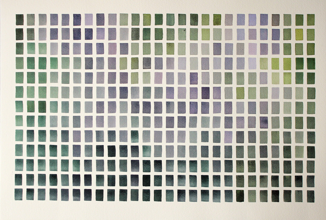 David Muddyman abstract painting in landscape format of purple and green rectangles painted in watercolour paint.
