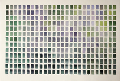 David Muddyman abstract painting in landscape format of purple and green rectangles painted in watercolour paint.