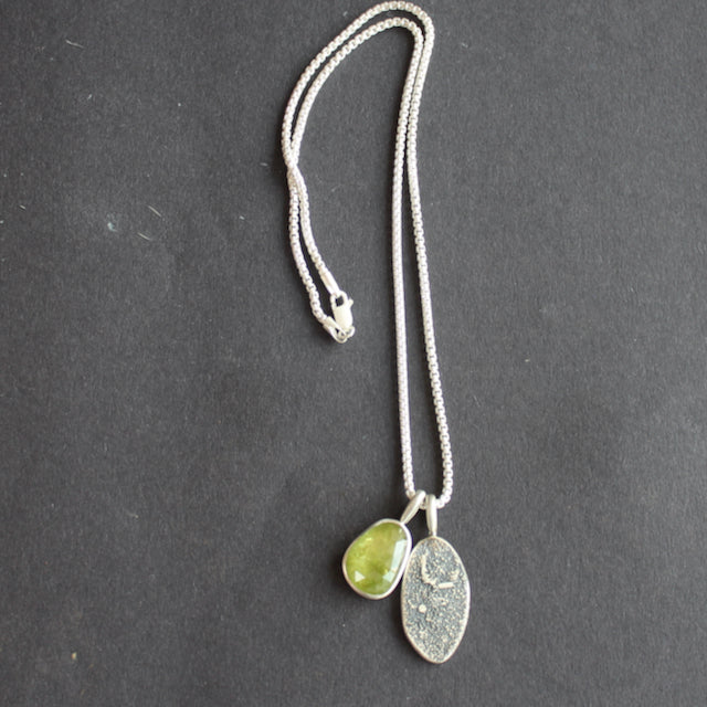 Sphene textured silver duo pendants on silver chain by Carin Lindberg