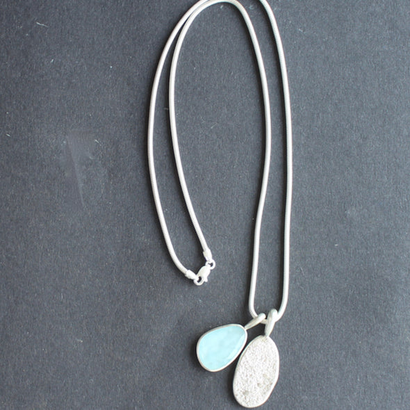 Aquamarine textured silver duo pendants on silver chain by Carin Lindberg 