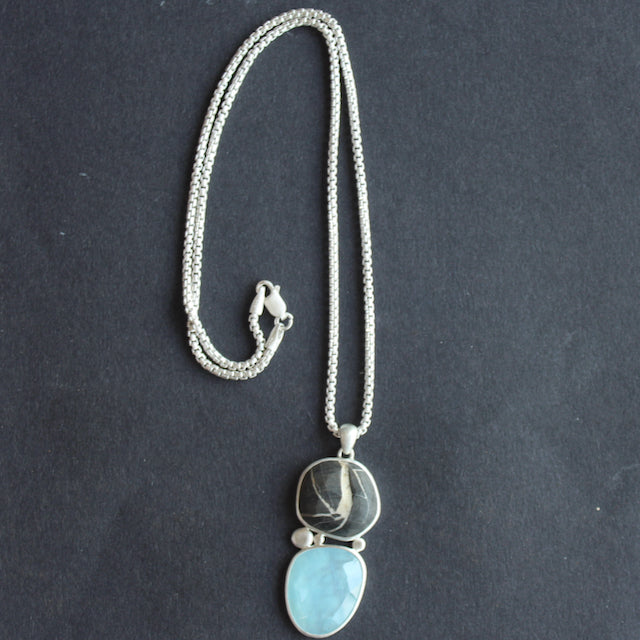 Aquamine and beach pebble pendant on silver chain by Carin Lindberg 