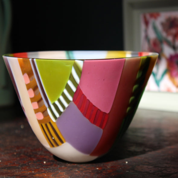 Ruth Shelley multicoloured glass bowl in pinks and greens 