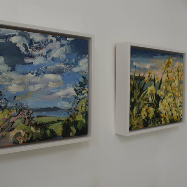 Two framed landscape paintings of Rame Head in Cornwall by artist Jill Hudson