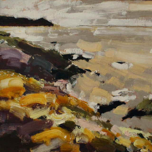detail of Cornwall artist Jill Hudson painting of Rame Head with yellow flowers and a sandy beach in the foreground. 