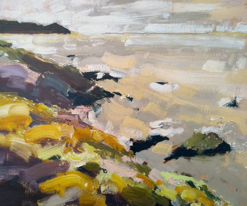 Cornwall artist Jill Hudson painting of Rame Head with yellow flowers and a sandy beach in the foreground.