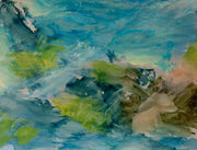 semi abstract painting by artist Katy Brown of a cove and beach it is in shades of blues, green and gold