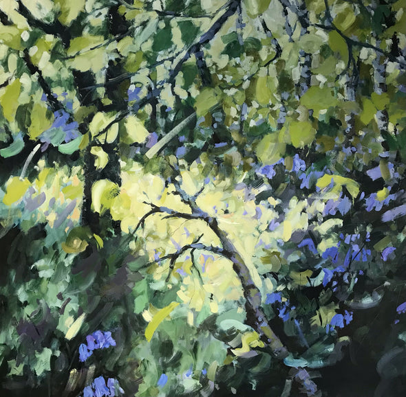 oil painting of bluebells in a wood by artist Jill Hudson 