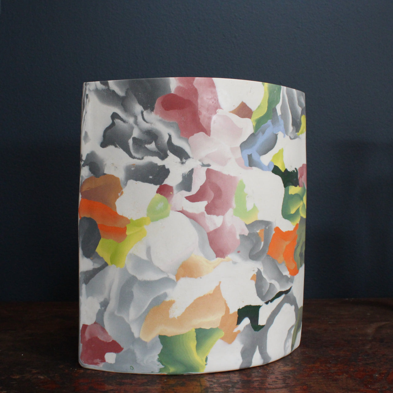 a multi coloured ceramic vessel made in the Nerikomi style of ceramics by UK ceramic artist Judy McKenzie.