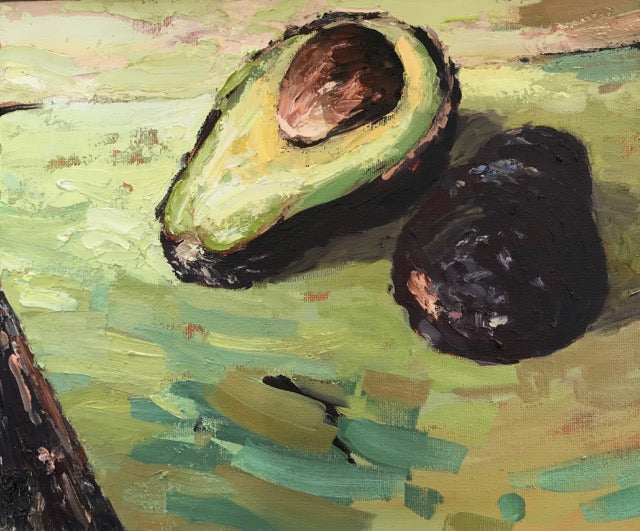 Jill Hudson oil painting of an avocado cut in half