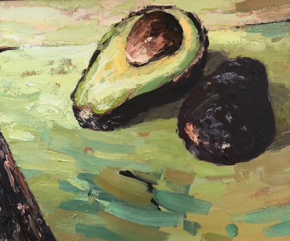 Jill Hudson oil painting of an avocado cut in half 