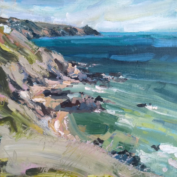 painting of Rame Head in Cornwall by Jill Hudson showing blue sea with pink cliffs 