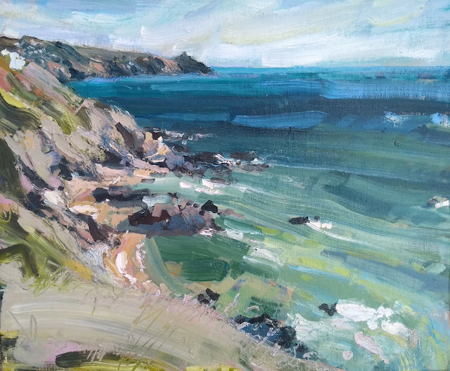 A landscape painting of Rame Head in Cornwall by Jill Hudson showing blue and green sea with pink cliffs