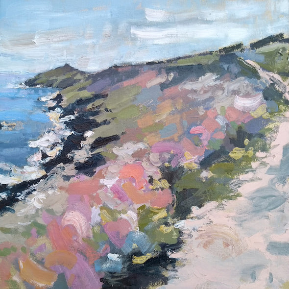 colourful painting called Seasons Change by Jill Hudson of the coast path approaching Rame Head in Cornwall showing pink and green hedgerows 