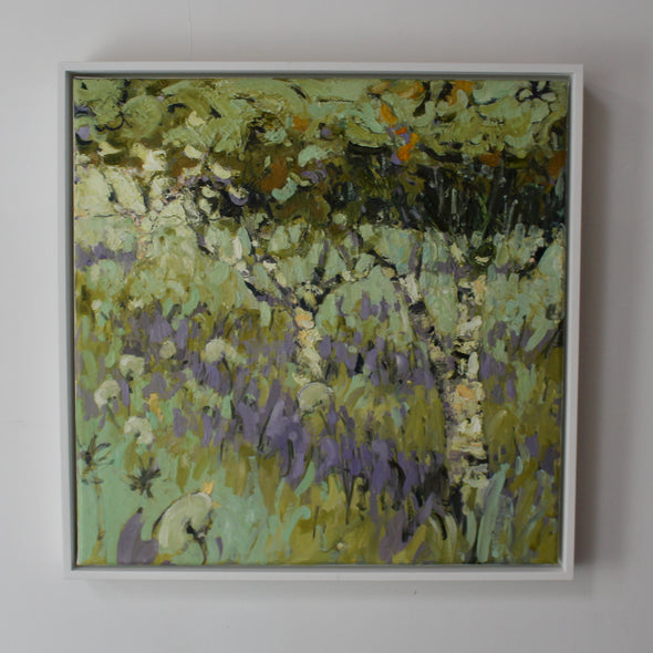 Jill Hudson abstract painting of purple flowers and long grass under trees; the painting is in a white frame and hanging on a pale grey wall