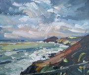 detail of a painting called Winter Walk by Jill Hudson showing Rame Head and coast path in Cornwall, UK.