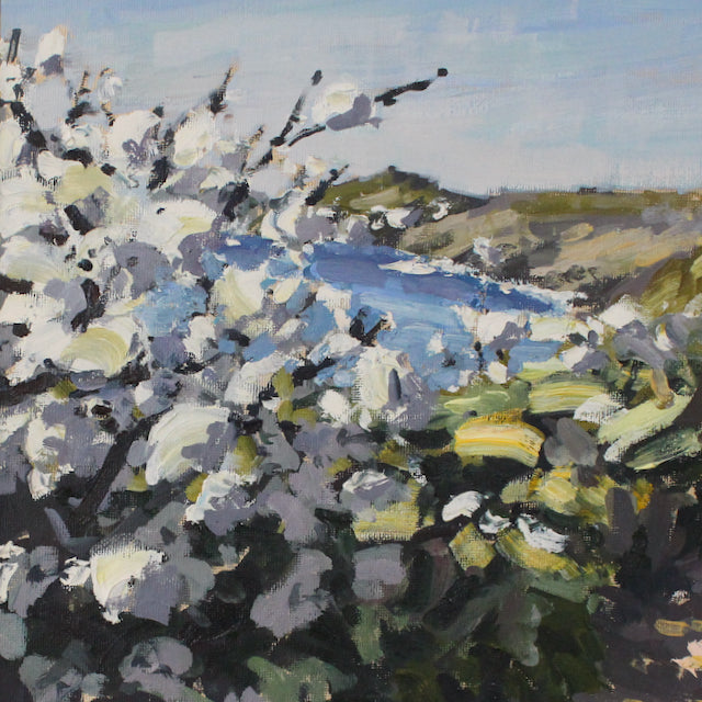 Detail from April Blossom by Jill Hudson showing white blossom on coastal path near Rame Head in Cornwall 