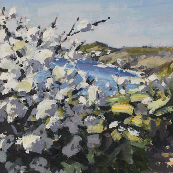 Detail from April Blossom by Jill Hudson showing white blossom on coastal path near Rame Head in Cornwall 