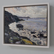 A framed painting of Rame Head in Cornwall by Cornish artist Jill Hudson, called From the Rocks.