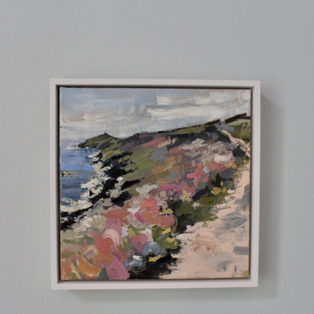 painting of a Cornish coastal path looking towards Rame Head in Cornwall with pink and purple flowers called seasons change by artist Jill Hudson 