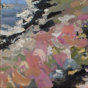 close up of pinks and oranges in painting by Jill Hudson of Rame Head in Cornwall