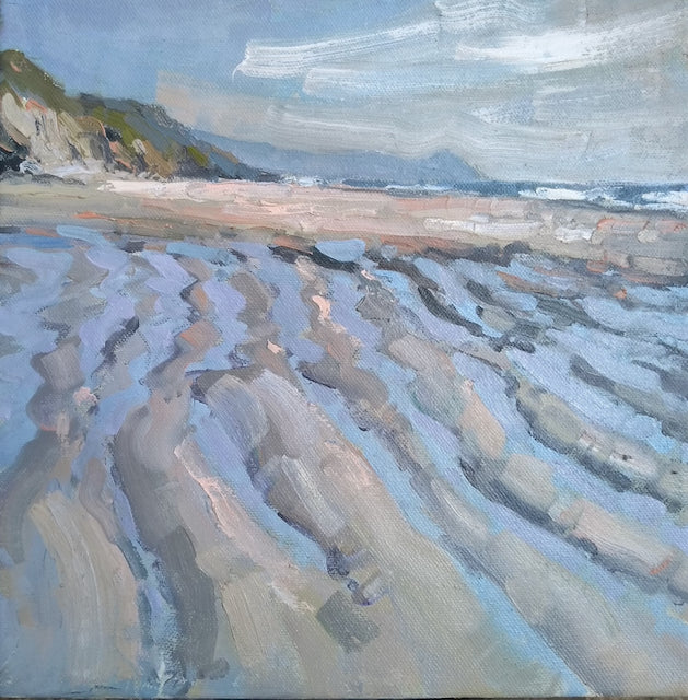 detail of painting of tidelines on a beach looking towards Rame Head by Cornwall artist Jill Hudson