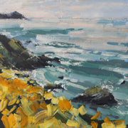 framed painting of a coastline with yellow flowers, called Wild Yellows by Jill Hudson.