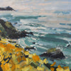 framed painting of a coastline with yellow flowers, called Wild Yellows by Jill Hudson.