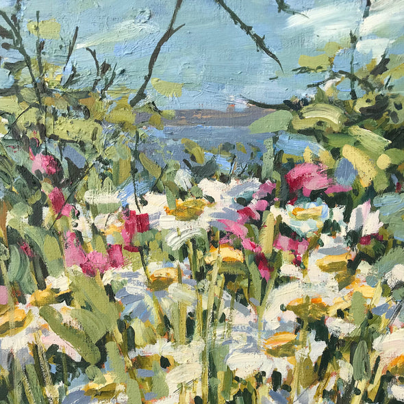 detail of a Jill Hudson painting of wildflowers in the foreground and the sea to the rear 