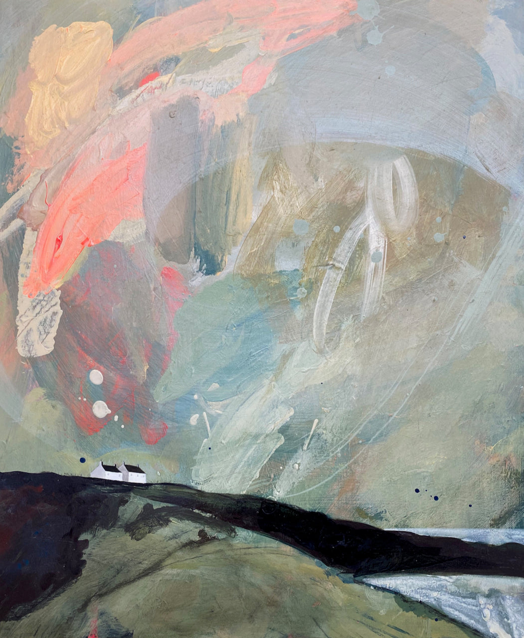 painting of two white cottages on a clifftop under at pink, orange and grey sky by Emma Carlisle