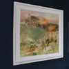 a Katy Brown abstract framed oil painting of a pond surrounded by flowering shrubs