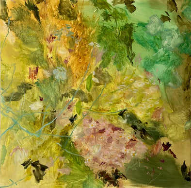 abstract painting in yellow, greens and pink by artist Katy Brown of a garden of flowers it is called Amongst the Starflowers