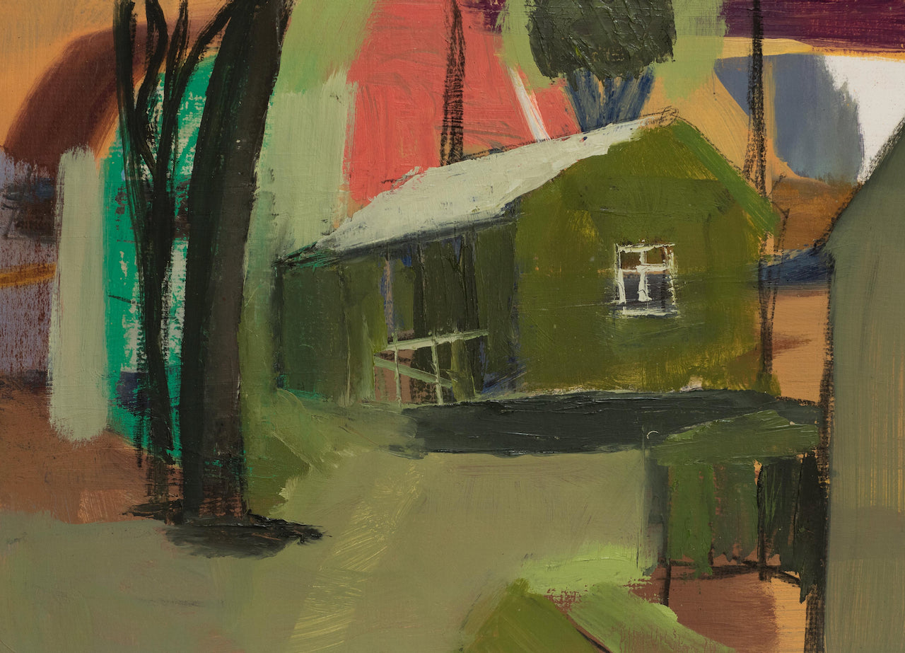 oil painting by Cornwall artist Heath Hearn of a green shed with a white roof in the clearing of some trees