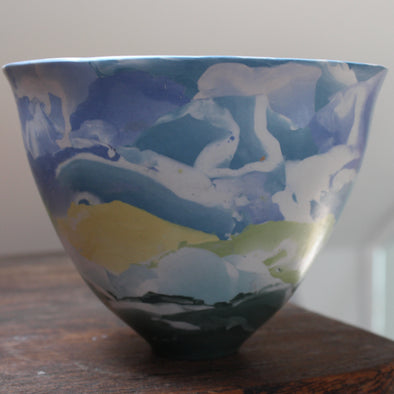 tall porcelain bowl made of blue and yellow coloured clay in the Nerikomi style by Judy McKenzie