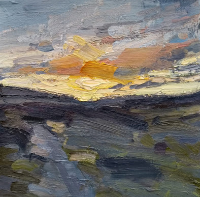 Oil painting of a sunset over a moor by Jill Hudson