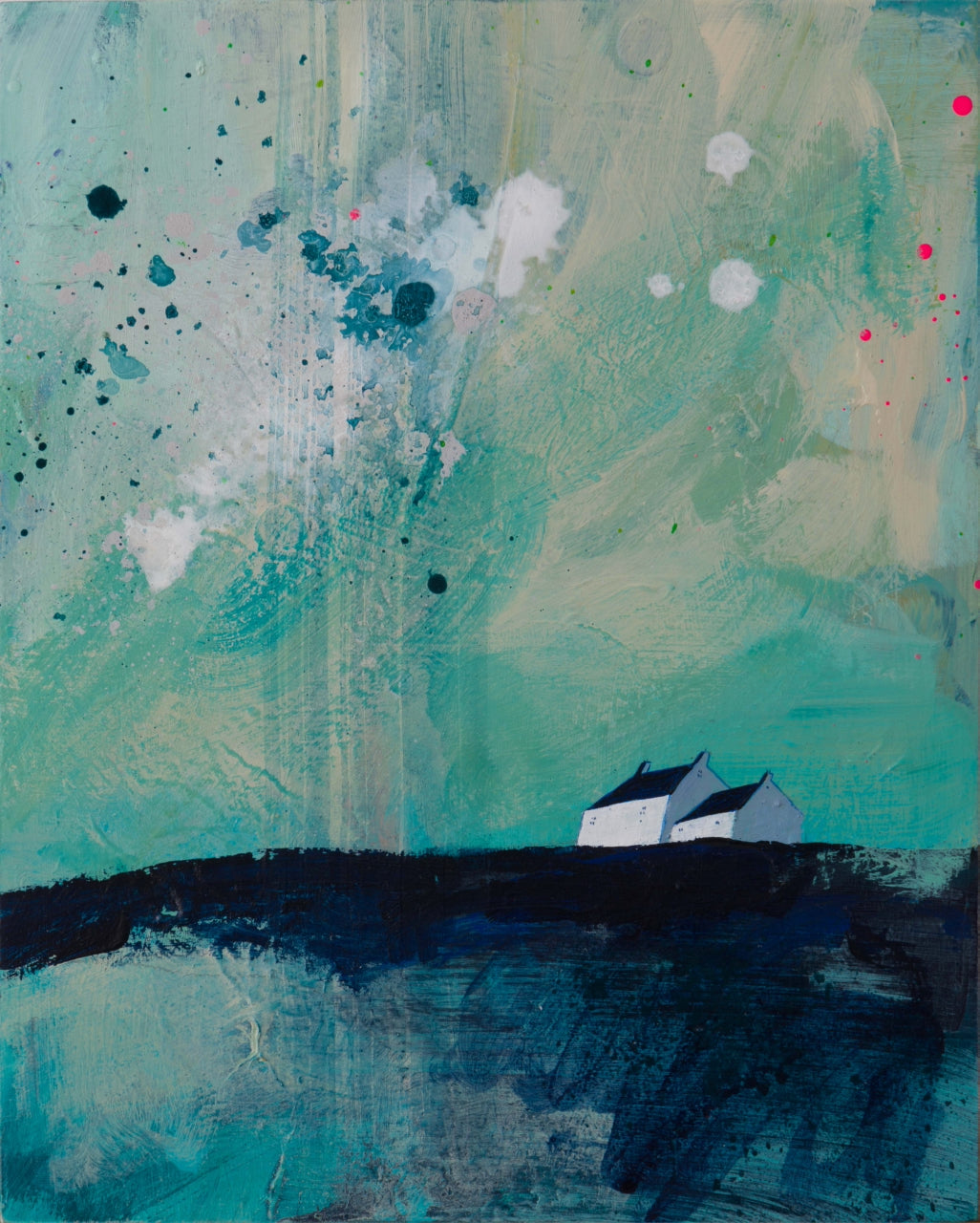 Cornish coast line inspired painting with two house and dark blue painted headland by Devon based painter Emma Carlisle