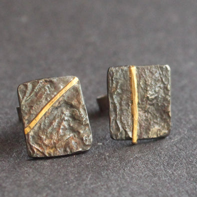 Lucy Spink earrings with gold bar oxidised