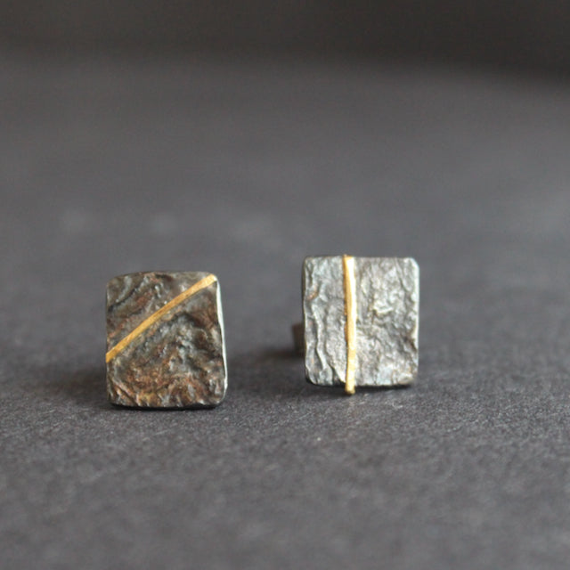 Lucy Spink - Reticulated Oxidised Studs with Gold Bar