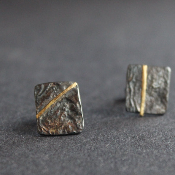 Lucy Spink - Reticulated Oxidised Studs with Gold Bar